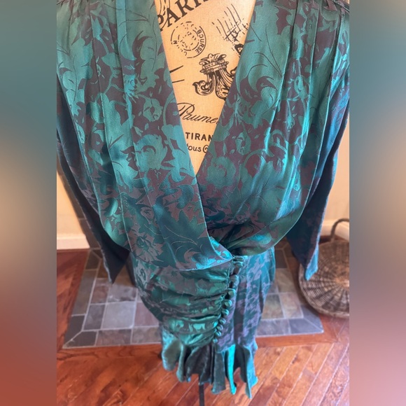 Teal Green Gray Floral Glam Dress Medium 6 8 Dolman Buttons Long Sleeve Silk - Picture 10 of 11